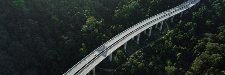 Aerial view of a winding highway cutting through dense green jungle, with vehicles traveling on the elevated roadway.