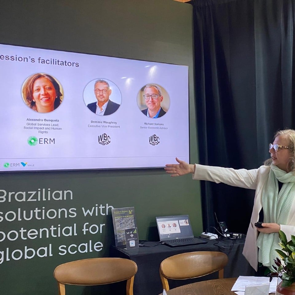 Alexandra Guaqueta speaking at the Just Transition: Why People Matter lunch at COP30 hosted by ERM, Vale and WBCSD.